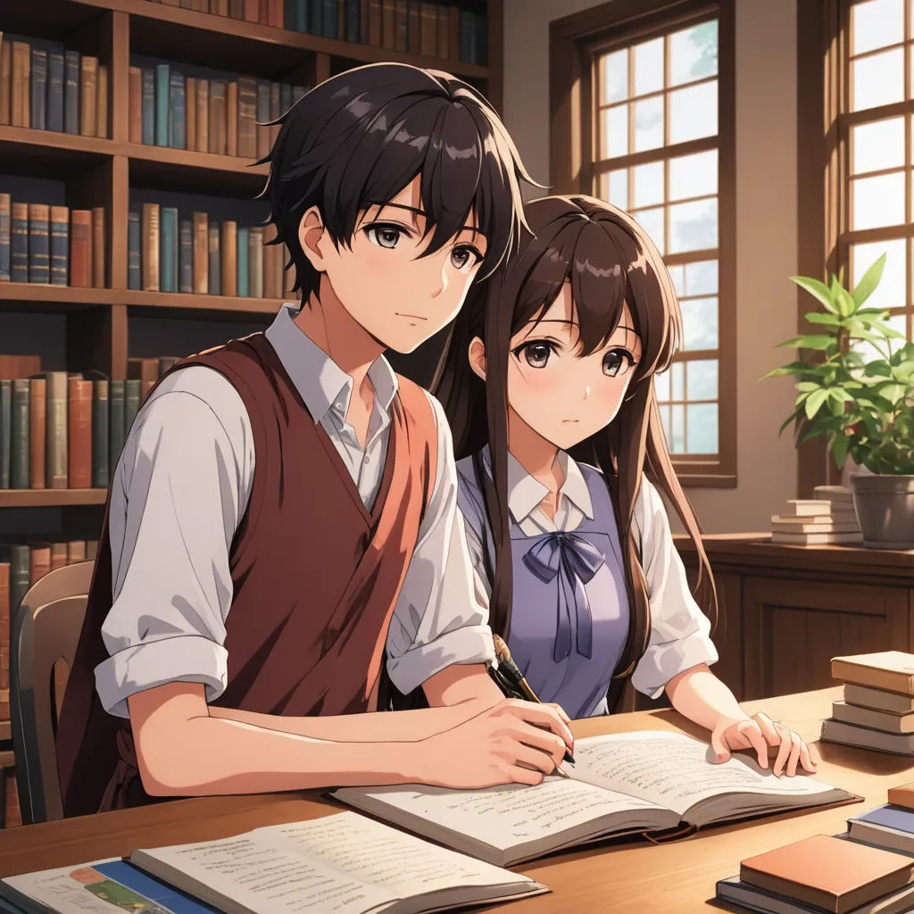a couple of people sitting at a table with books in front of them and a plant in the background, remodernism, computer graphics, Aguri Uchida, official art