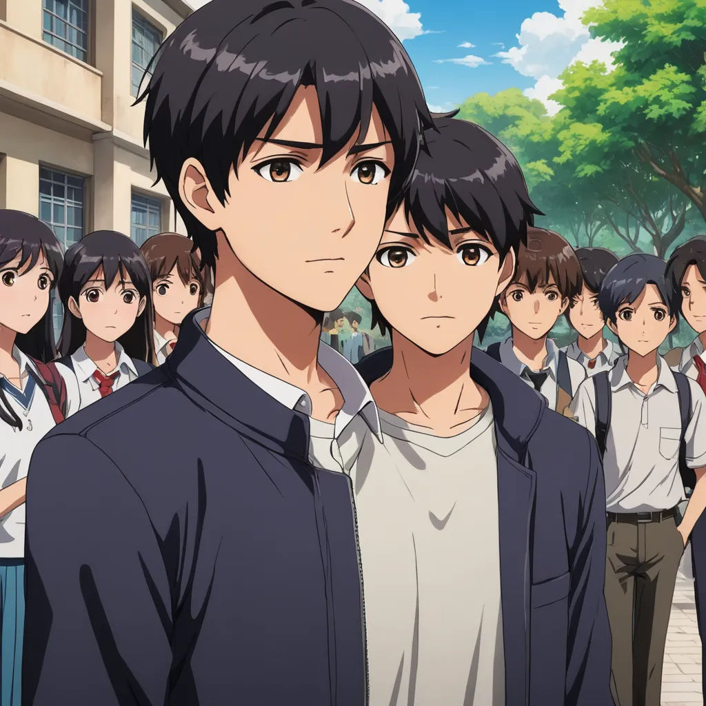 a group of people standing in front of a building with trees in the background and a man in a suit, rayonism, poster art, Aya Goda, official art