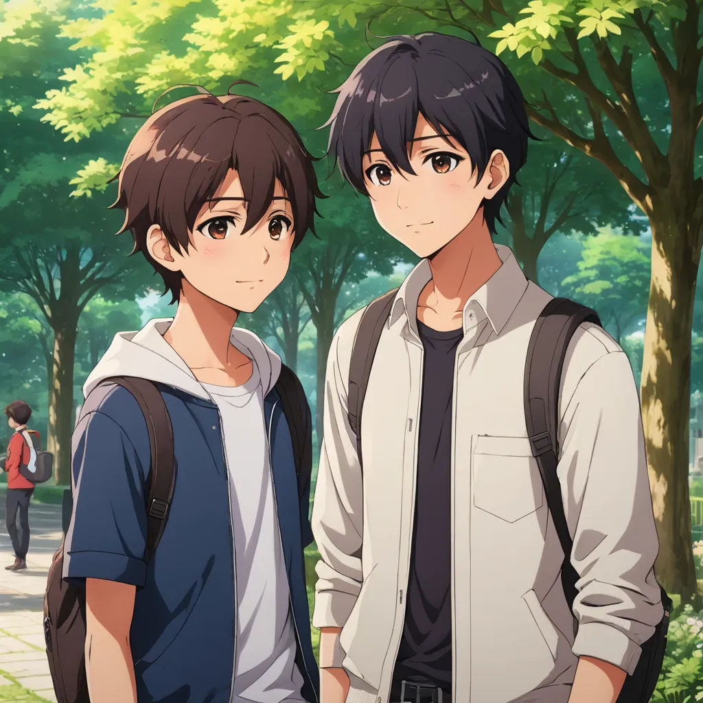 two young men standing next to each other in a park with trees in the background and people walking on the sidewalk, sots art, concept art, Ai-Mitsu, official art
