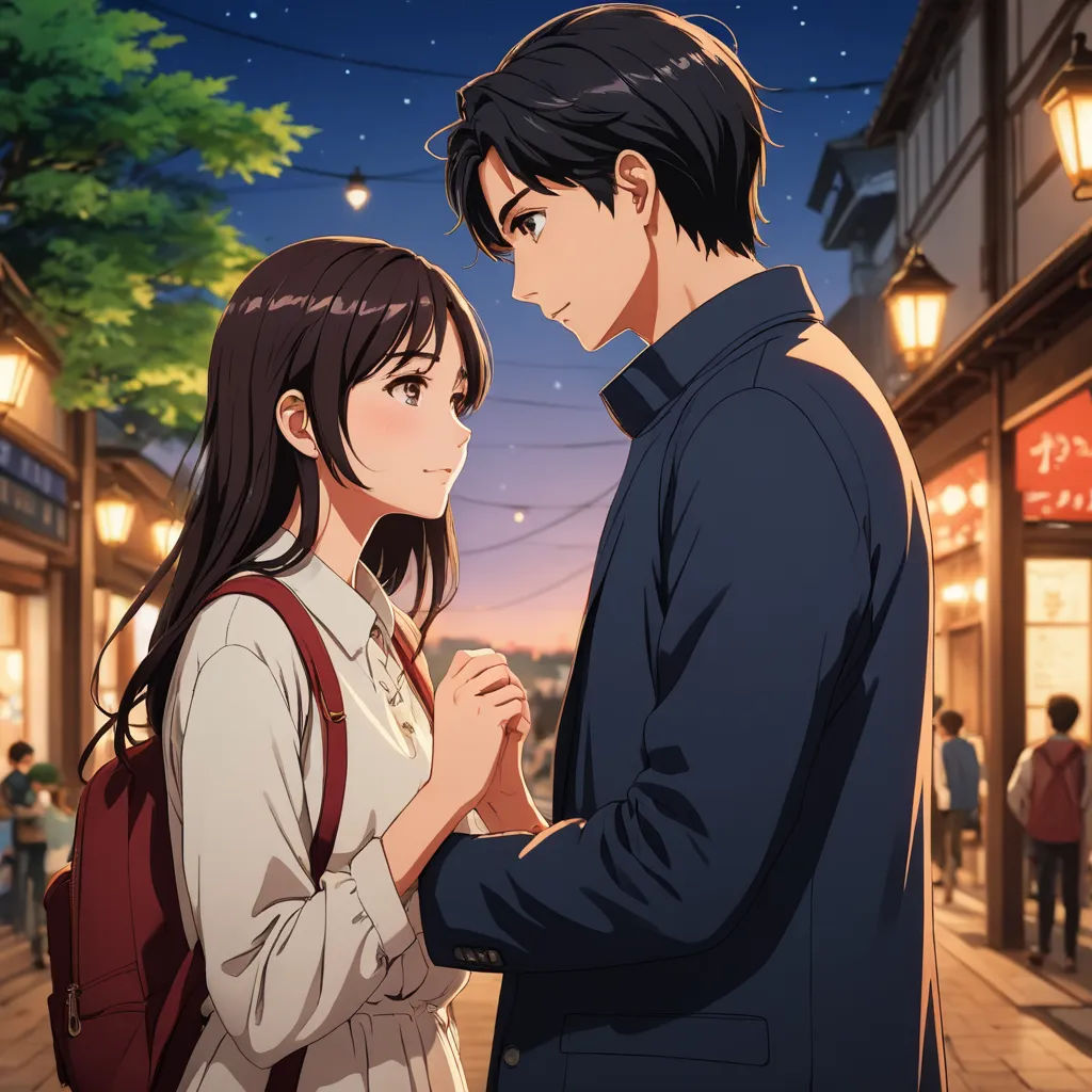 a man and a woman standing next to each other on a street at night with a sky background and a tree, sots art, a poster, Ai-Mitsu, official art