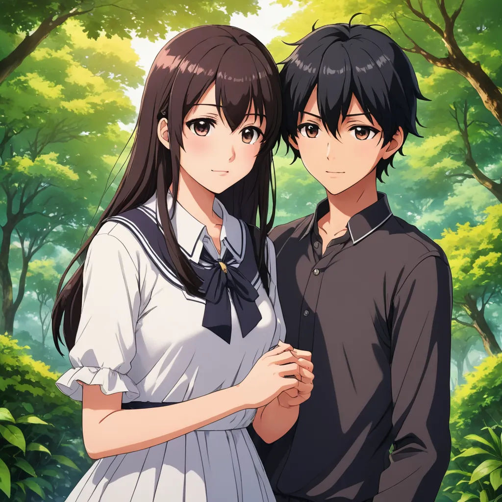 a couple of people standing next to each other in a forest with trees behind them and a woman in a white dress, sots art, poster art, Ai-Mitsu, official art
