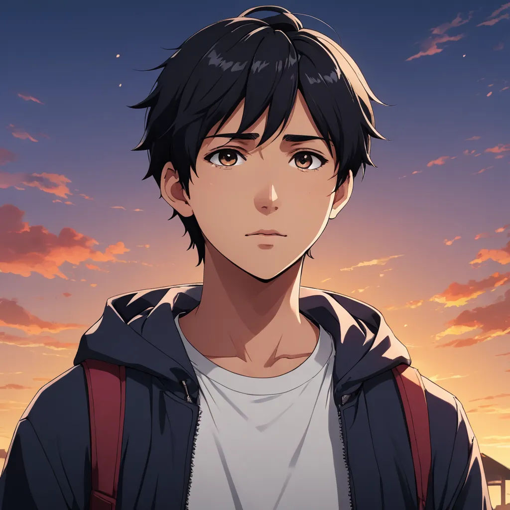a man with a hoodie on standing in front of a sunset with clouds and a sky background with a red and blue sky, sots art, a character portrait, Cedric Seaut (Keos Masons), official art