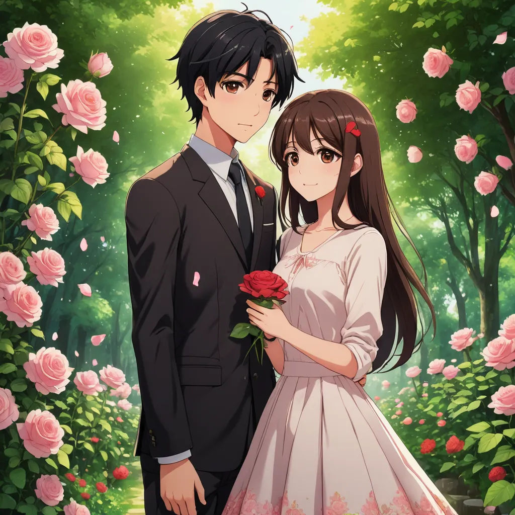 a couple in a garden with roses in their hands and a man in a suit and tie holding a rose, sots art, a painting, Aya Goda, official art