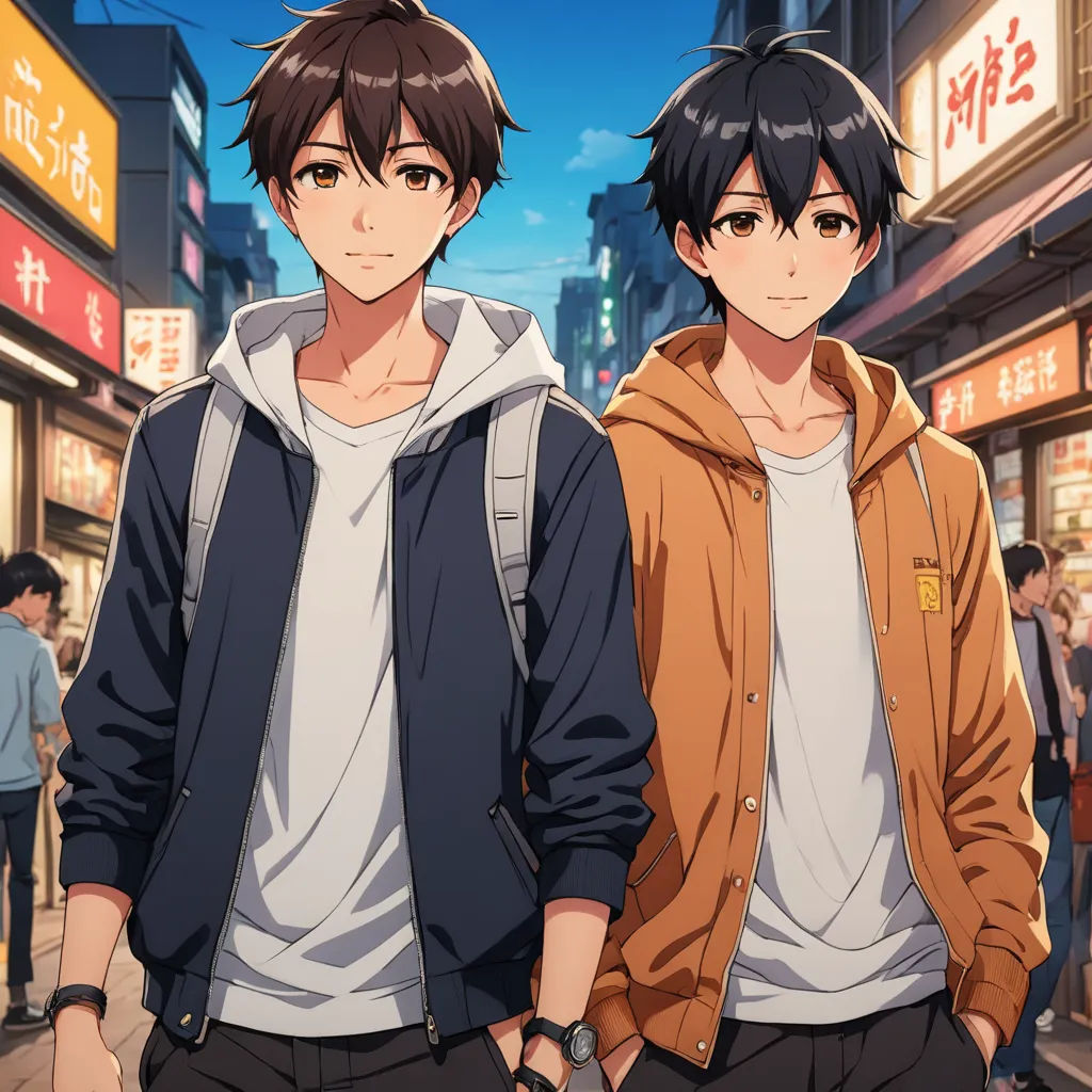 two young men standing next to each other in front of a crowd of people on a city street with buildings, sots art, concept art, Ai-Mitsu, official art
