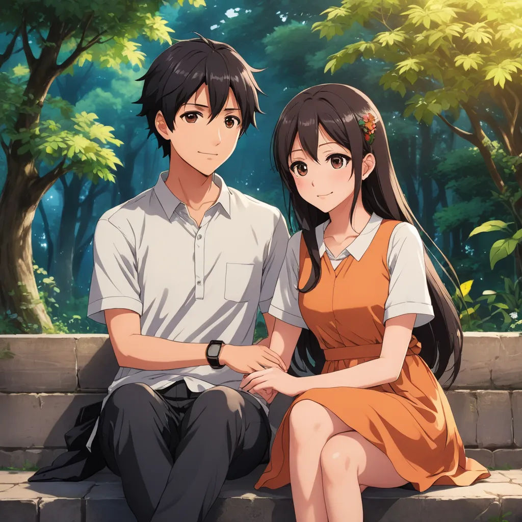 a man and a woman sitting on a bench in front of trees and bushes, with a forest in the background, sots art, a painting, Ai-Mitsu, official art