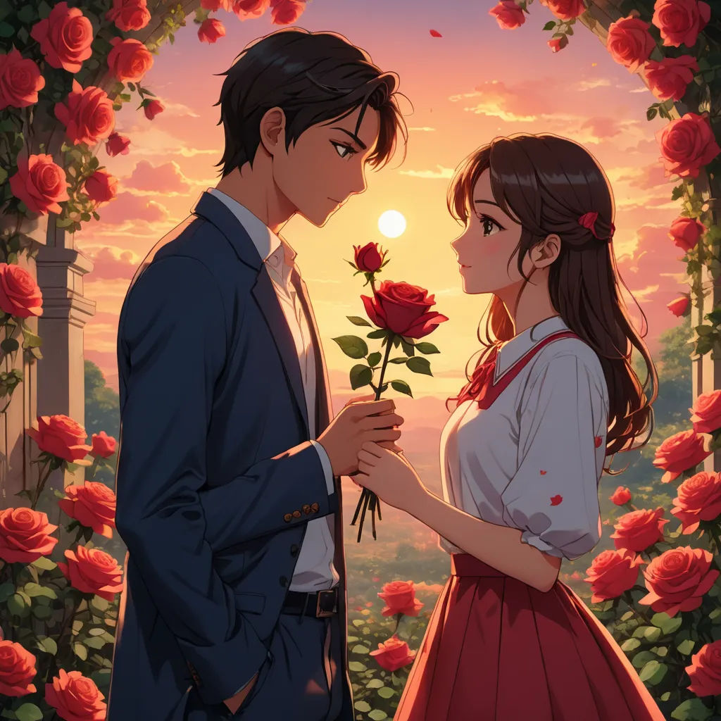 a man and a woman standing in front of a rose arch with the sun setting behind them and a red rose in the foreground, romanticism, a detailed painting, Artgerm, rossdraws global illumination