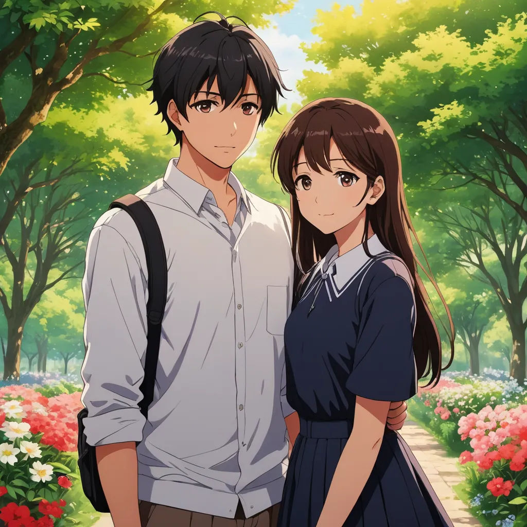a man and a woman standing in front of a forest with flowers and trees in the background, with a path leading to them, sots art, poster art, Ai-Mitsu, official art