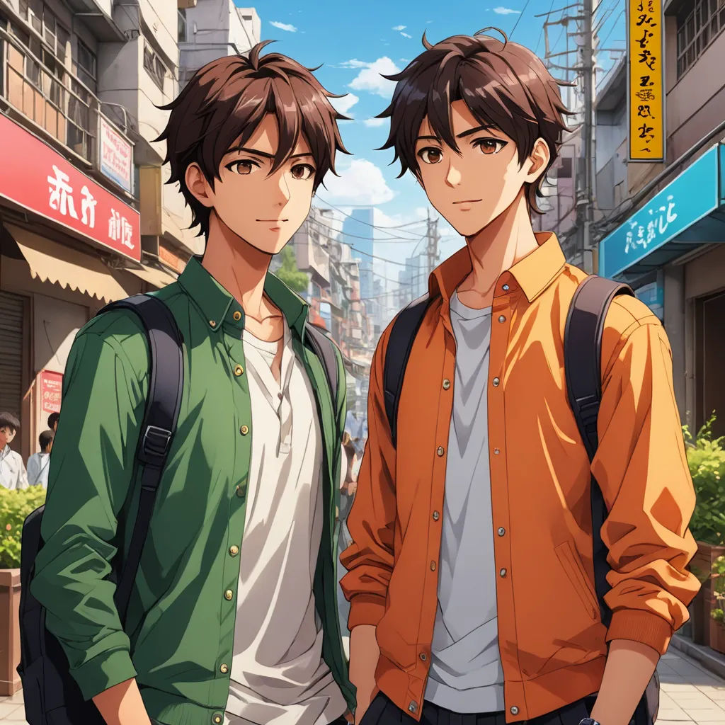 two young men standing next to each other on a street in front of a building with a sign that says no one is there, rayonism, concept art, Ai-Mitsu, official art