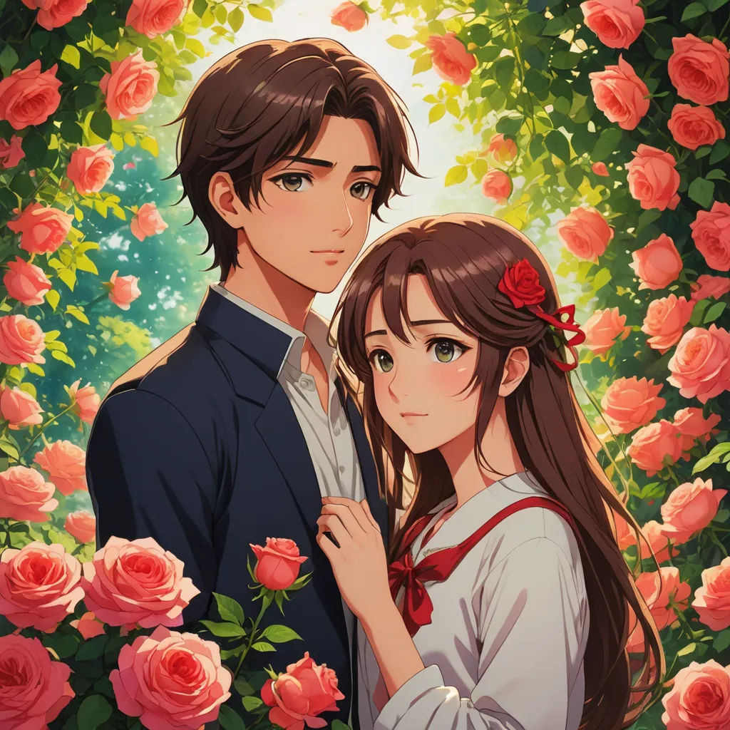 a couple standing in front of roses with the sun shining through them and the background is red roses and the girl is wearing a red bow, neo-romanticism, an album cover, Anne Said, official art