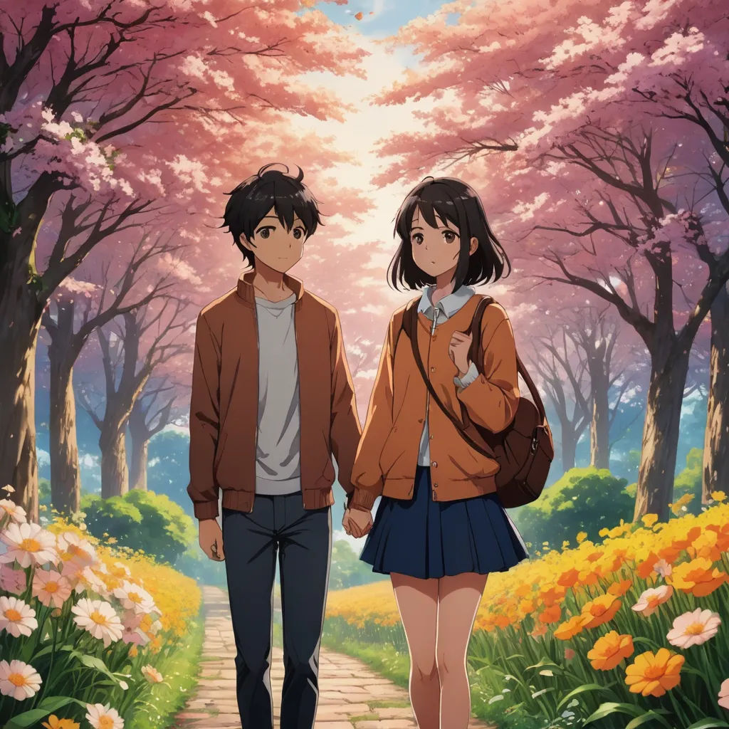 a couple of people standing on a path in a forest with flowers and trees in the background and a sky with pink flowers, neo-romanticism, poster art, Beeple, official art