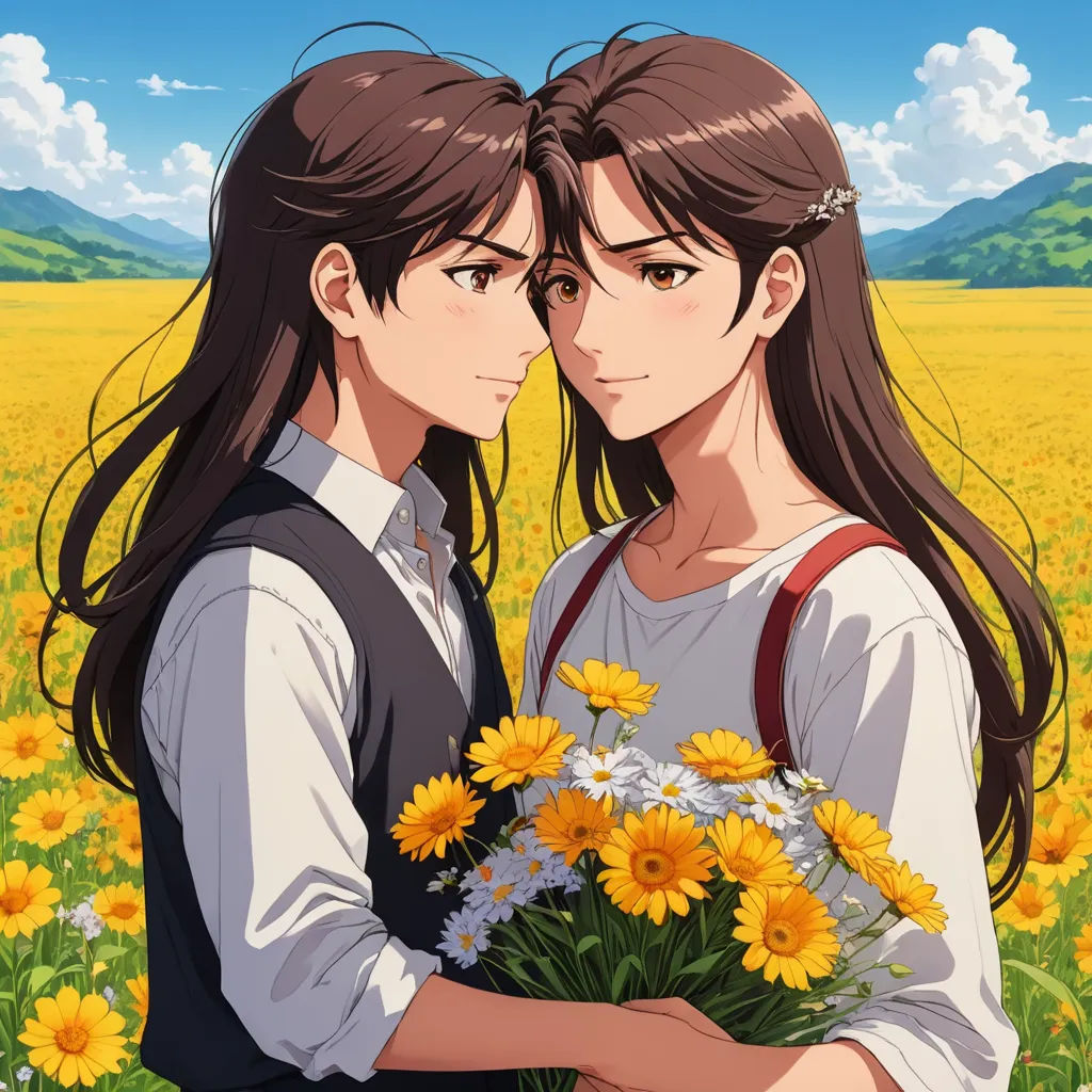 a couple of people standing in a field of flowers with a sky background and sunflowers in the foreground, serial art, a poster, Anne Said, official art