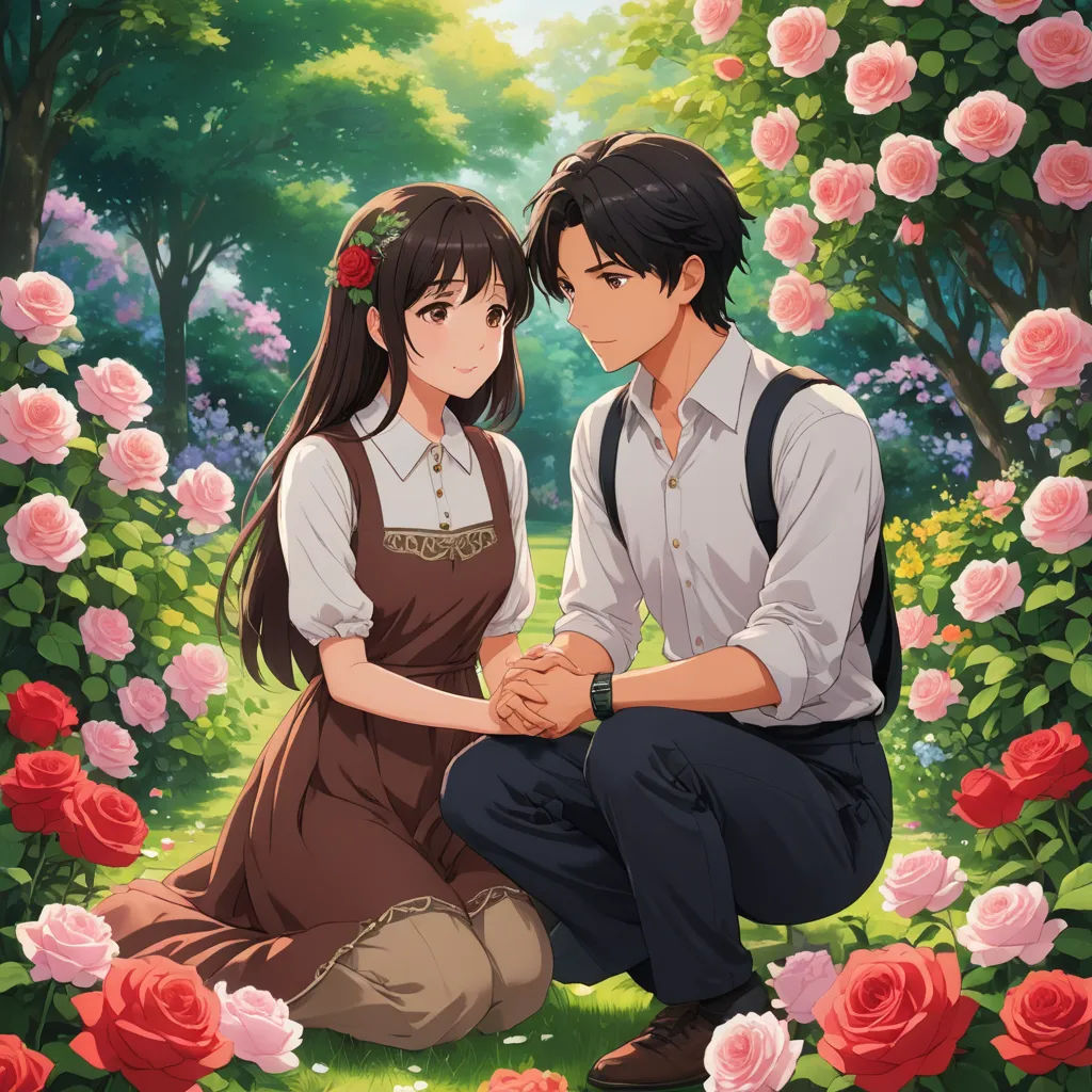 a man and a woman sitting in a field of roses holding hands and looking at each other with a forest of roses behind them, sots art, an album cover, Anne Said, official art