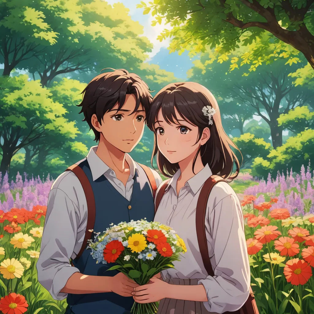 a couple standing in a field of flowers holding a bouquet of flowers in front of them, with trees and flowers in the background, sots art, a painting, Anne Said, official art