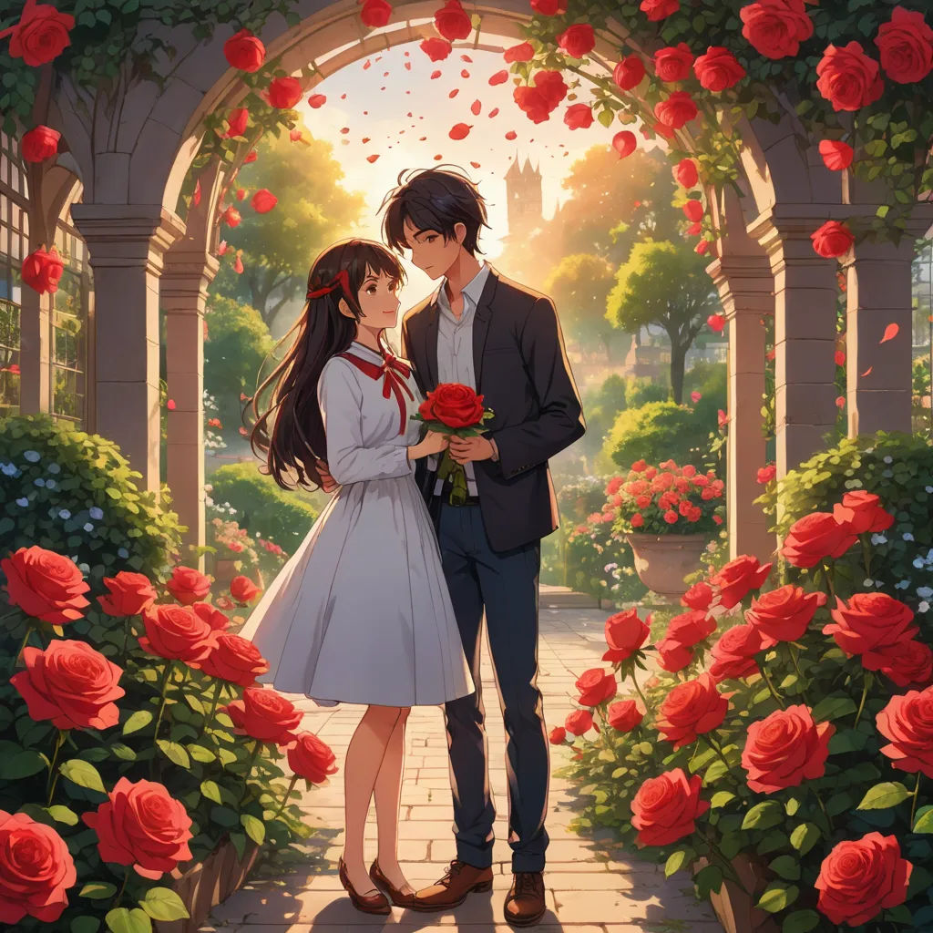 a couple standing in front of a rose garden with roses around them and a archway with roses on it, neo-romanticism, a detailed painting, Artgerm, official art