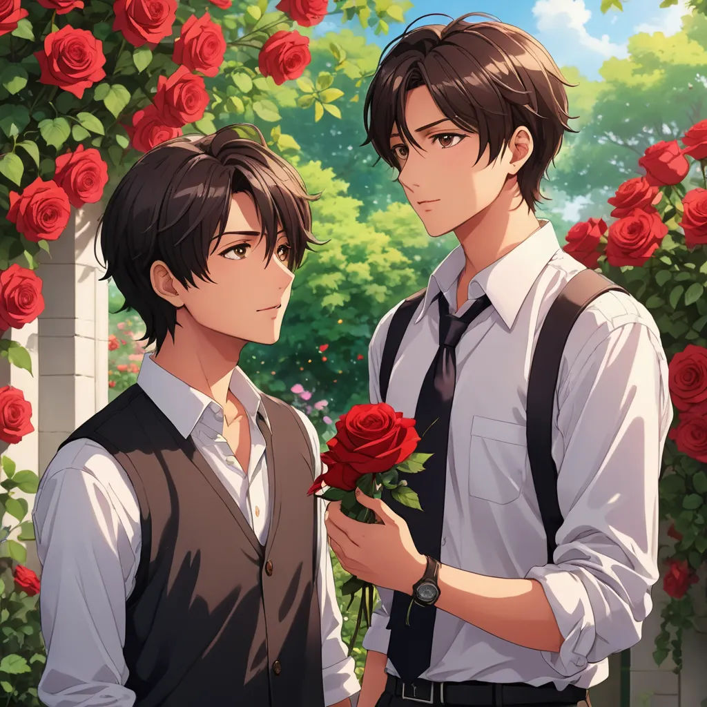 two people standing next to each other with roses in their hands and one holding a rose in his hand, sots art, a stock photo, Ai-Mitsu, official art