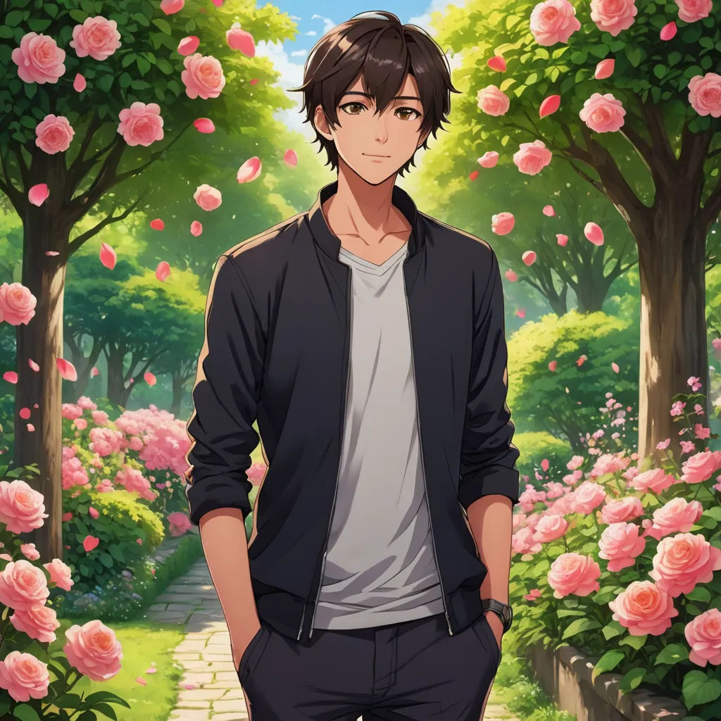 a man standing in front of a garden of flowers with roses around him and a path leading to the trees, aestheticism, concept art, Anne Said, official art