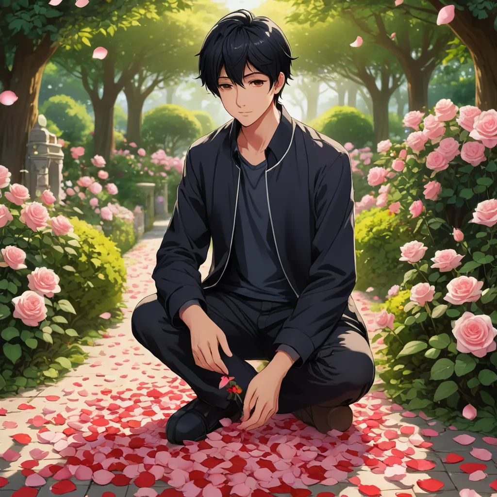 a man sitting on a flower covered path with roses around him and a woman kneeling down next to him, vanitas, an album cover, Ai-Mitsu, official art