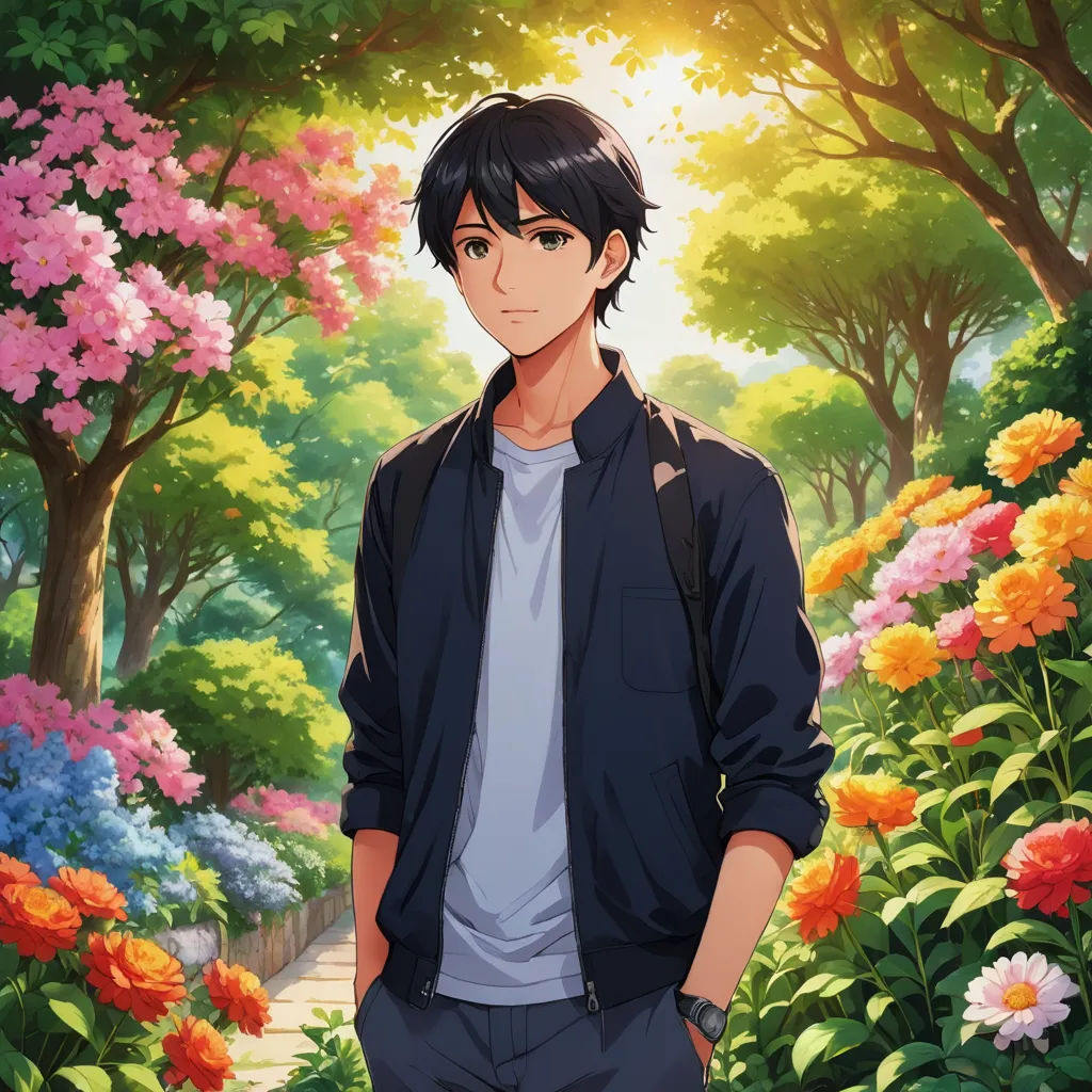 a man standing in front of a garden of flowers and trees with a backpack on his shoulder and a backpack on his shoulder, sots art, a character portrait, Adam Manyoki, official art