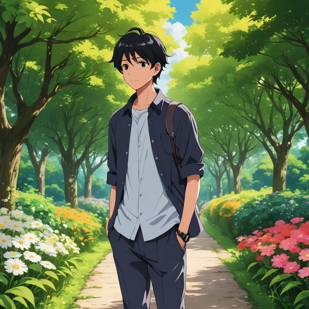 a man walking down a path in a park with flowers on the ground and trees in the background,, serial art, concept art, Aguri Uchida, official art