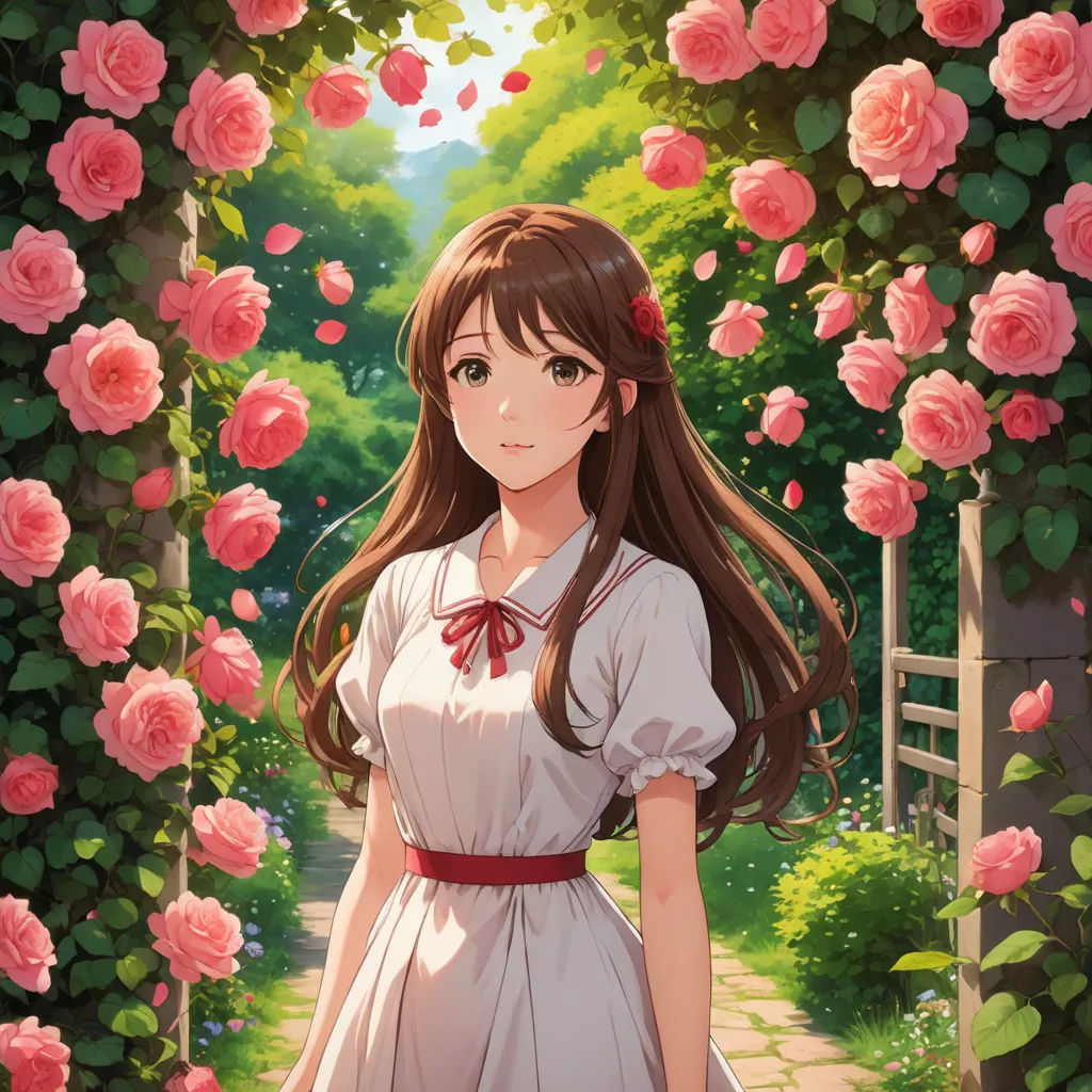 a girl in a dress standing in front of a rose garden with roses around her and a gate with a red ribbon, sots art, a painting, Ai-Mitsu, official art