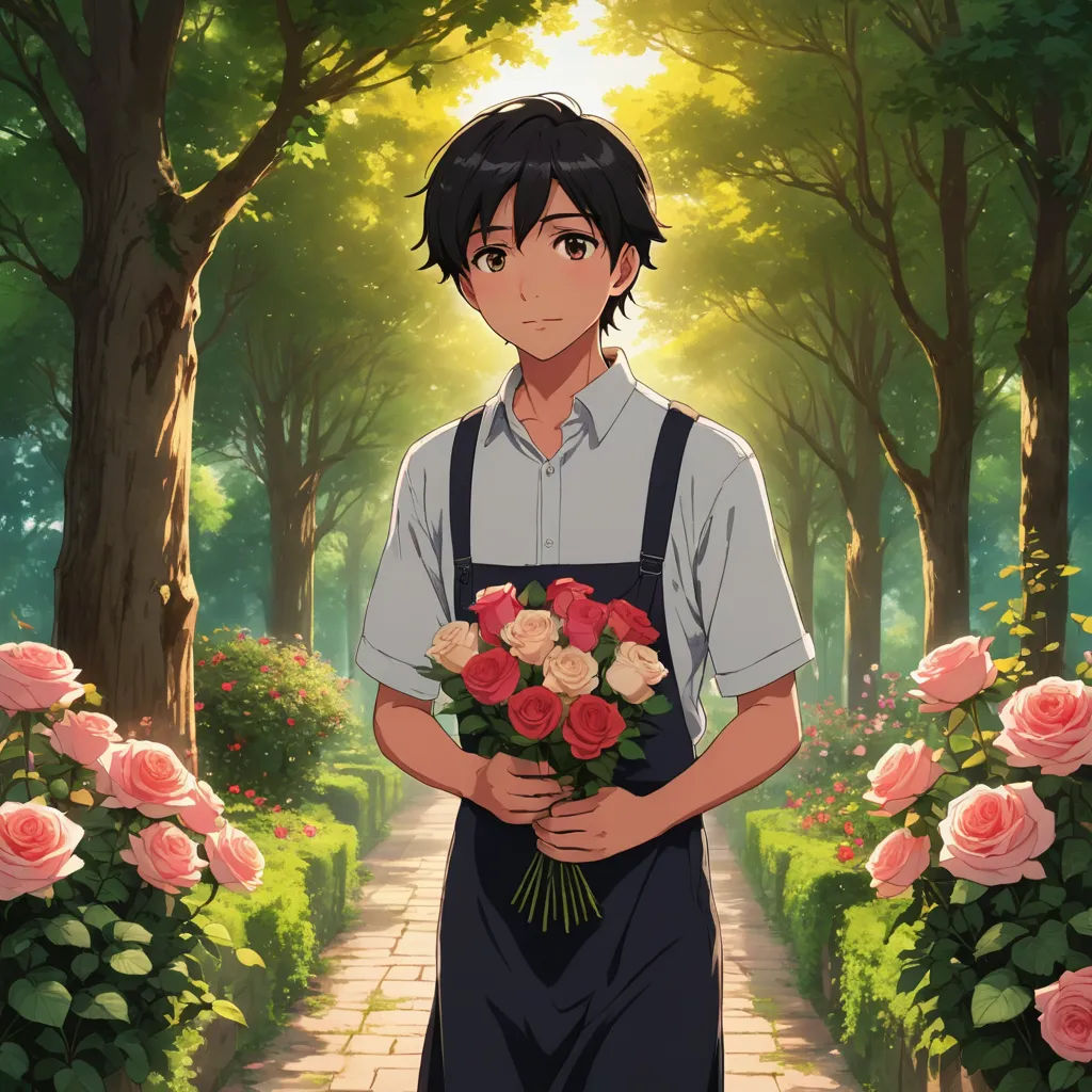 a man holding a bunch of flowers in a park with roses around him and trees in the background,, romanticism, a matte painting, Cedric Seaut (Keos Masons), kyoto animation
