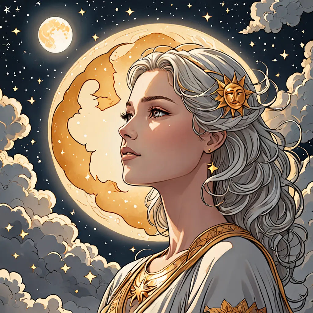 a woman with a crown on her head standing in front of a full moon and clouds with stars on her head, fantasy art, a detailed drawing, Charlie Bowater, rossdraws global illumination