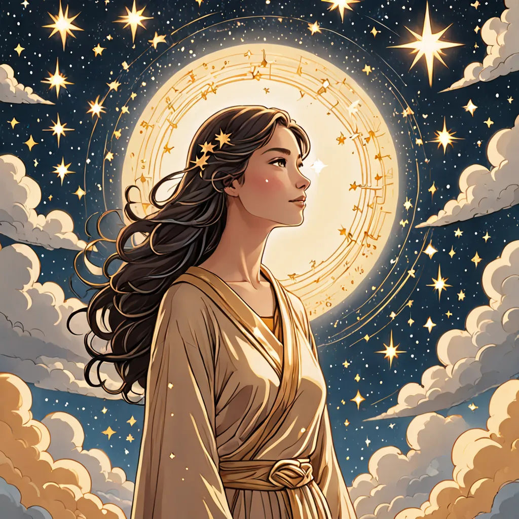 a woman with long hair standing in front of a moon and stars filled sky with clouds and stars in the sky, fantasy art, a character portrait, amy sol, rossdraws global illumination