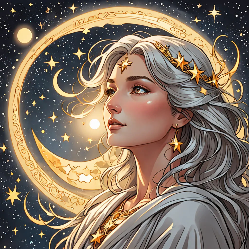 a woman with a crown on her head standing in front of a moon and stars background with a crescent, fantasy art, a detailed drawing, Charlie Bowater, trending on art station