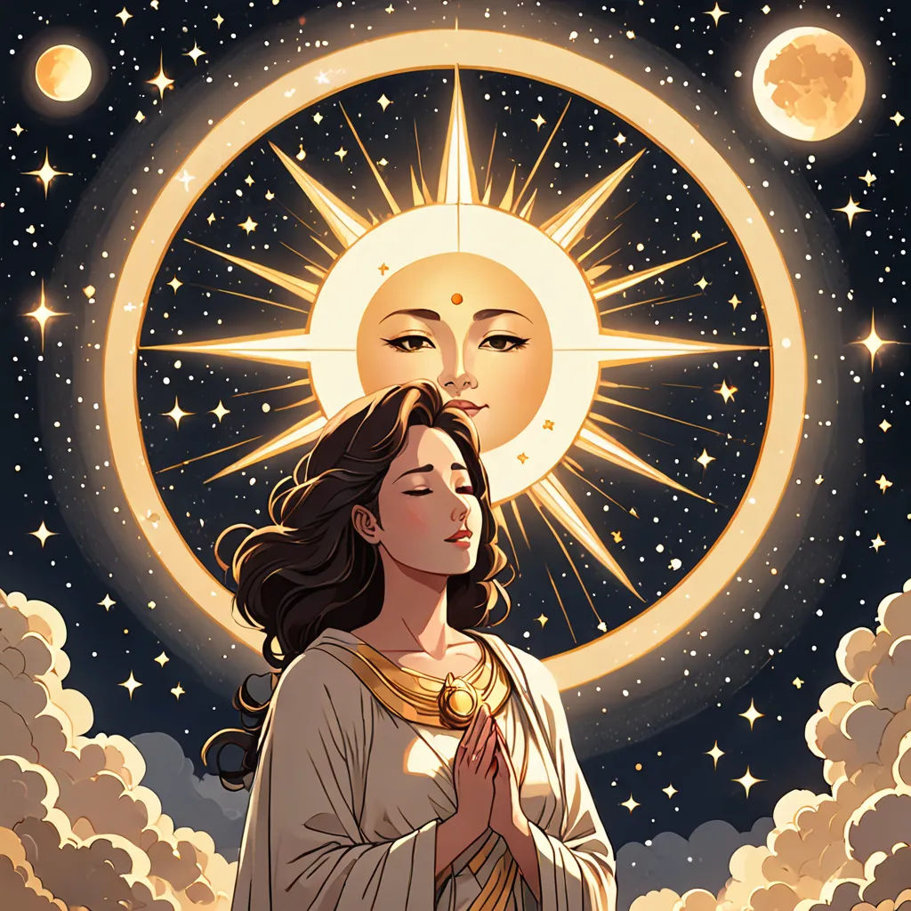 a woman standing in front of a moon with her hands folded in prayer, with the sun above her, space art, a storybook illustration, Christophe Vacher, sun