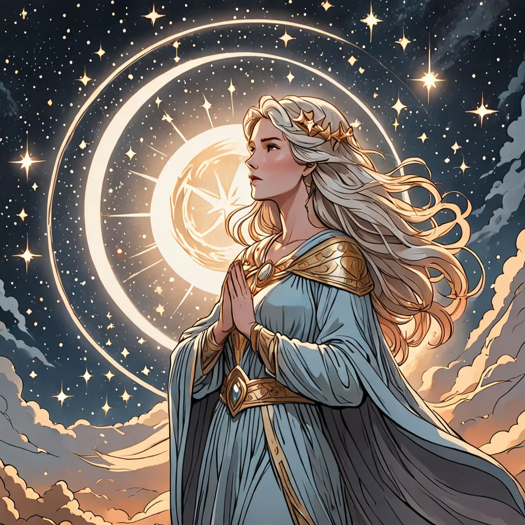a woman in a blue dress standing in front of a moon and stars filled sky with a crescent behind her, fantasy art, a comic book panel, Charlie Bowater, rossdraws global illumination