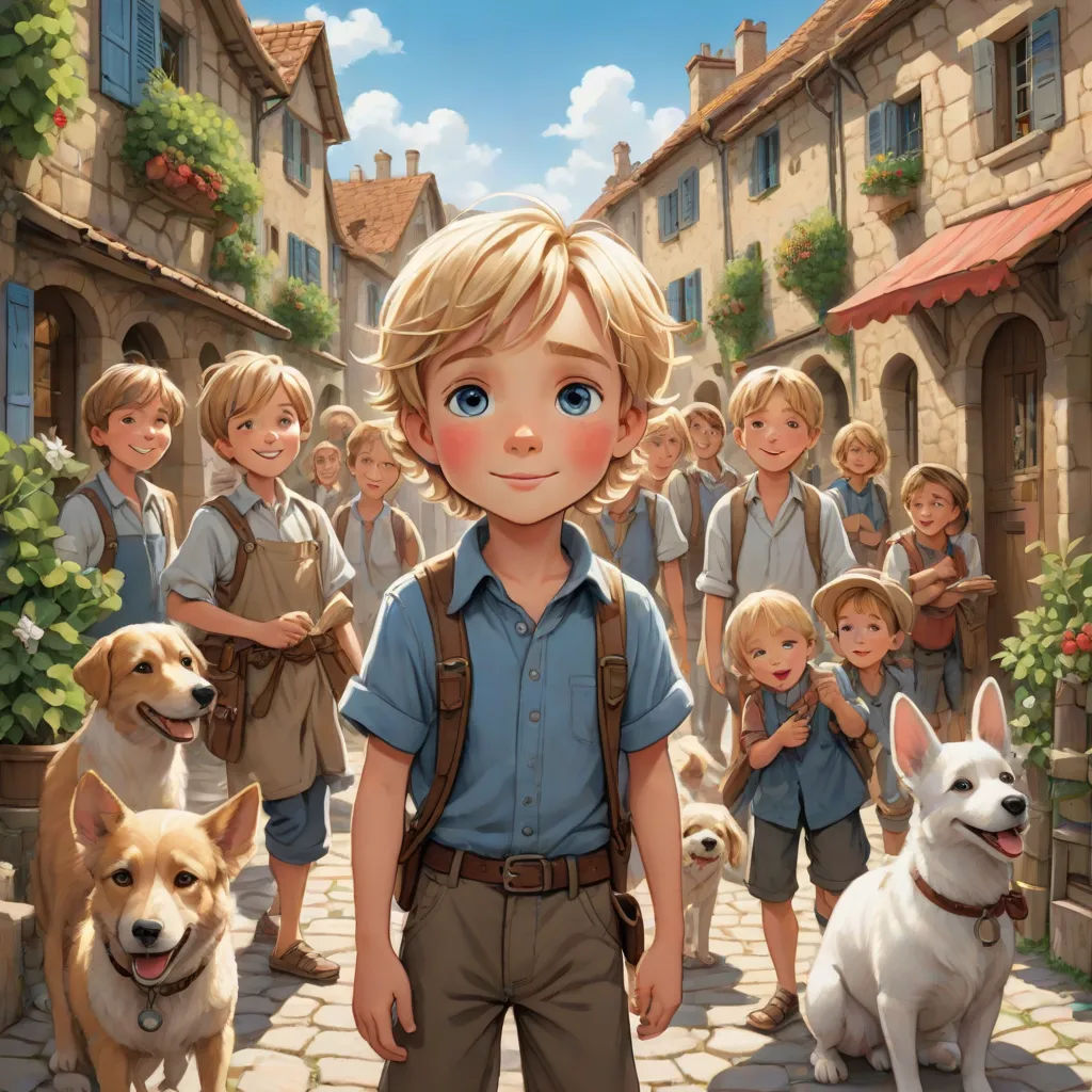 a boy standing in front of a group of dogs and children in a village with a dog on the sidewalk, furry art, a storybook illustration, Aaron Jasinski, official art