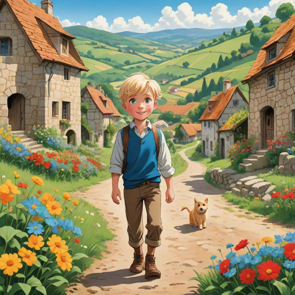 a boy walking down a path with a dog in front of him and a house in the background with flowers, fantasy art, a storybook illustration, Aaron Jasinski, official art