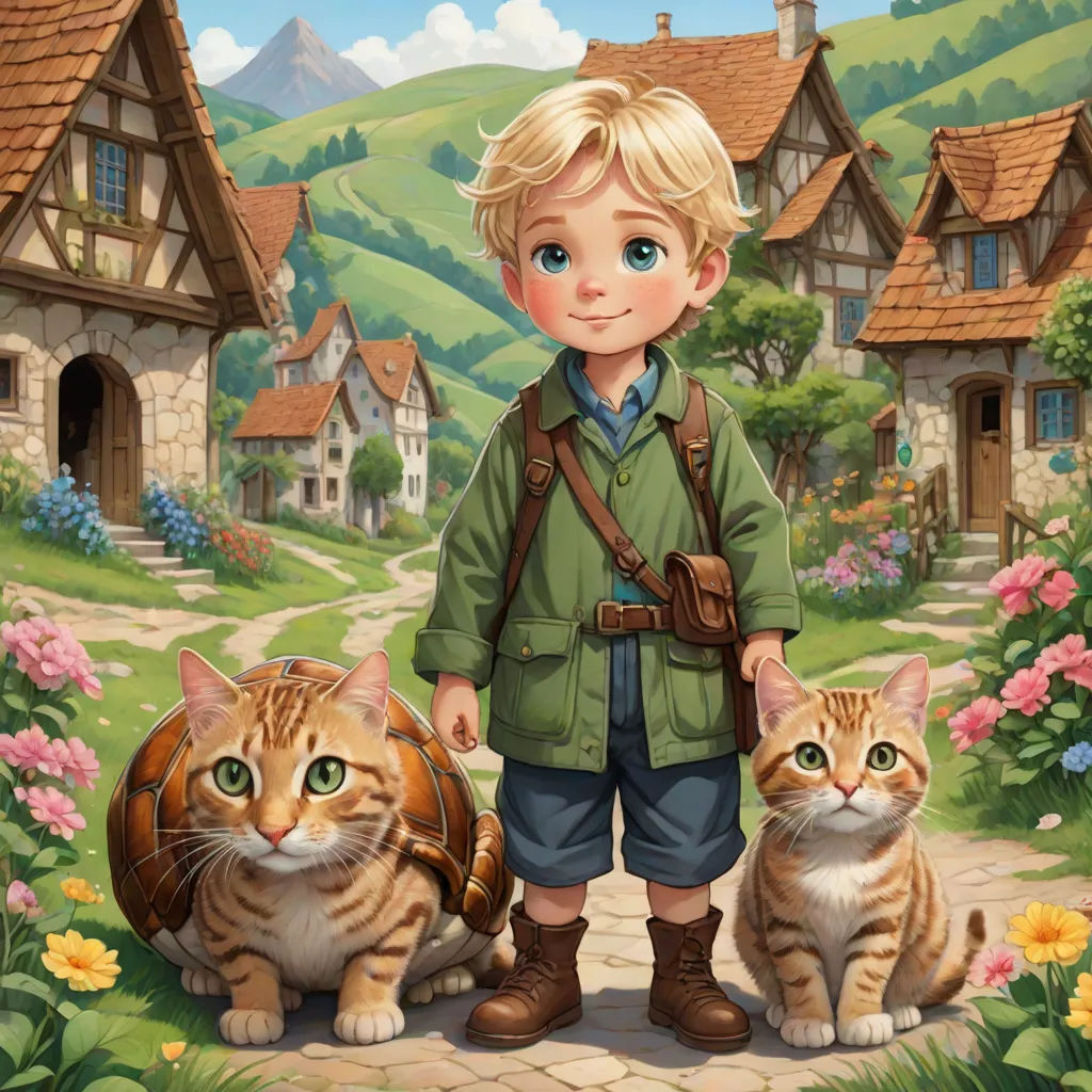 a boy standing next to two cats in front of a house with a cat on the ground and a cat on the ground, fantasy art, a storybook illustration, Bob Byerley, kinkade