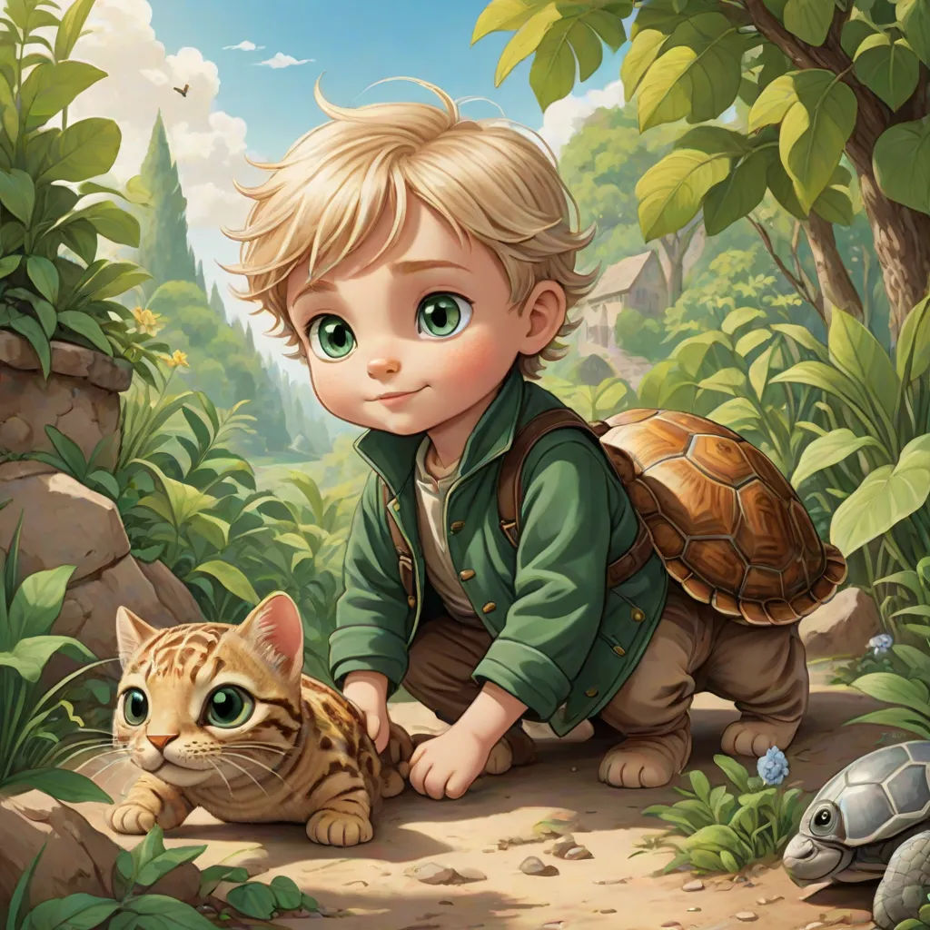 a boy kneeling down next to a cat and a turtle in a forest with a sky background and a bird, fantasy art, a storybook illustration, Cliff Childs, stanley artgerm lau