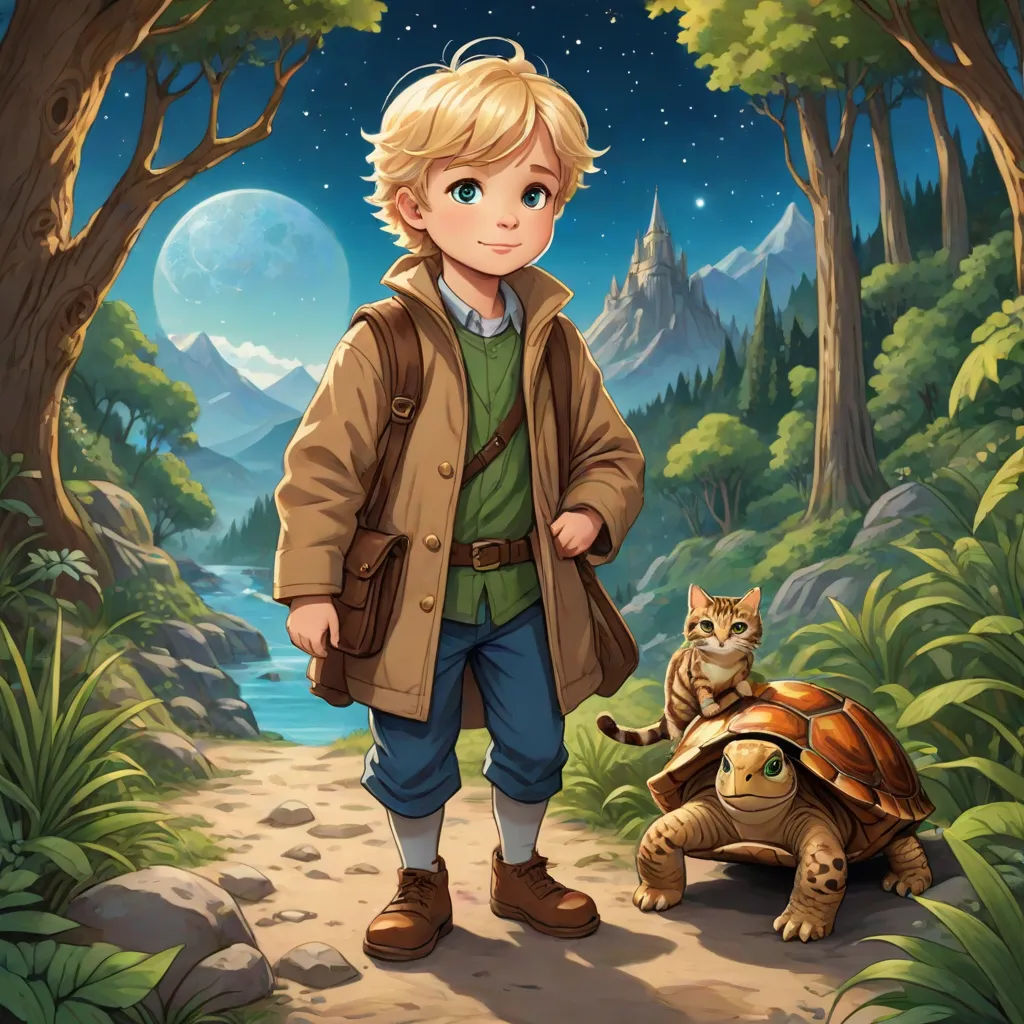 a boy standing next to a turtle in a forest with a cat on the ground next to him and a full moon in the sky, fantasy art, a storybook illustration, Cliff Childs, official art