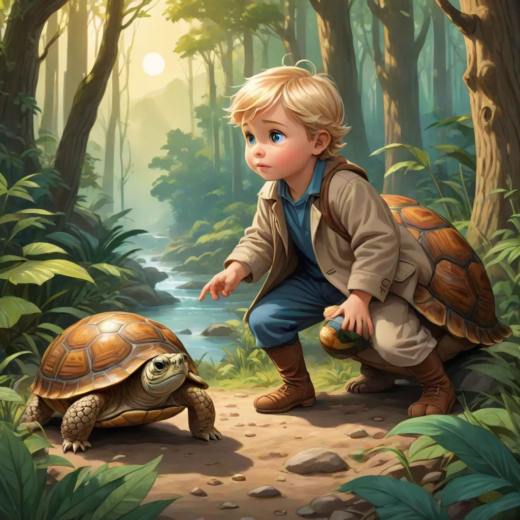 a boy is pointing at a turtle in the woods with a river in the background and sunlight shining through the trees, fantasy art, a storybook illustration, Aaron Jasinski, storybook illustration