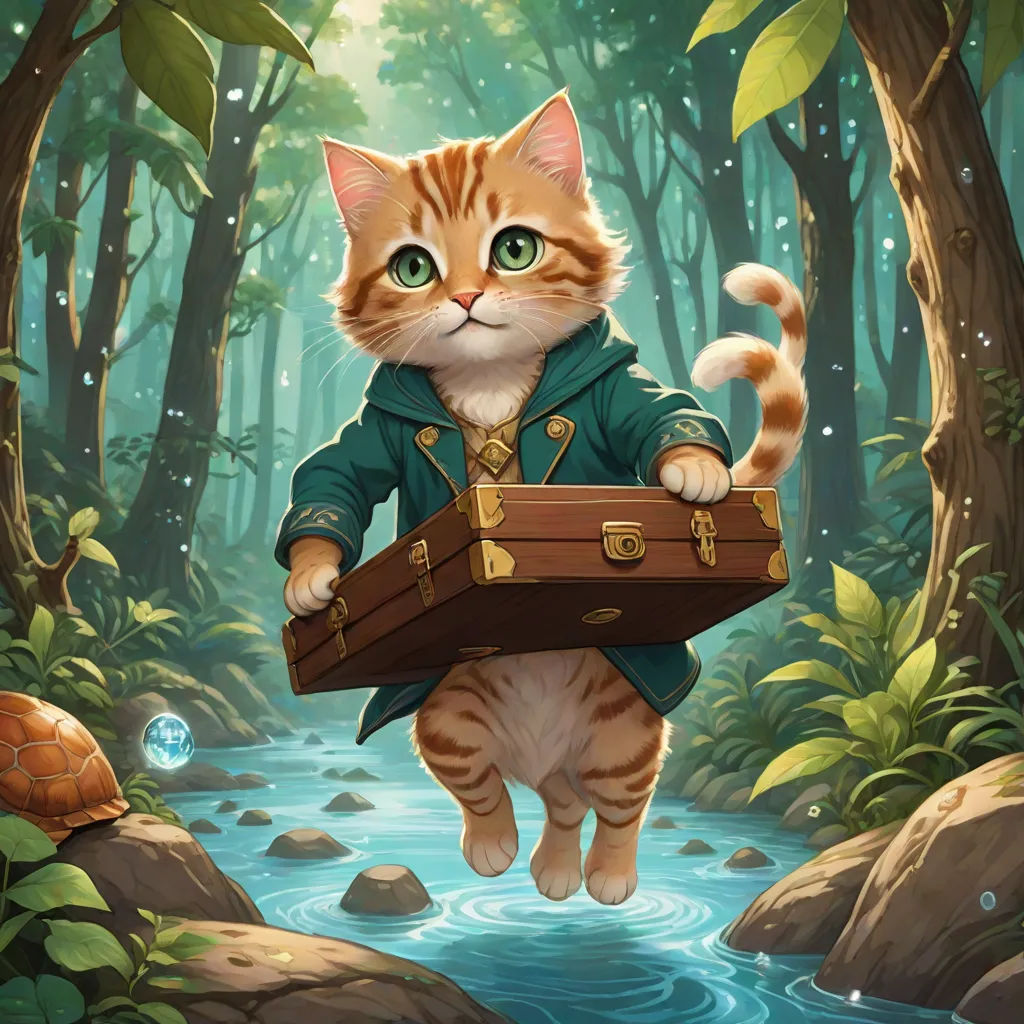 a cat is carrying a suitcase in the woods with a turtle nearby and a stream running through it,, fantasy art, a storybook illustration, Chris LaBrooy, magic the gathering artwork
