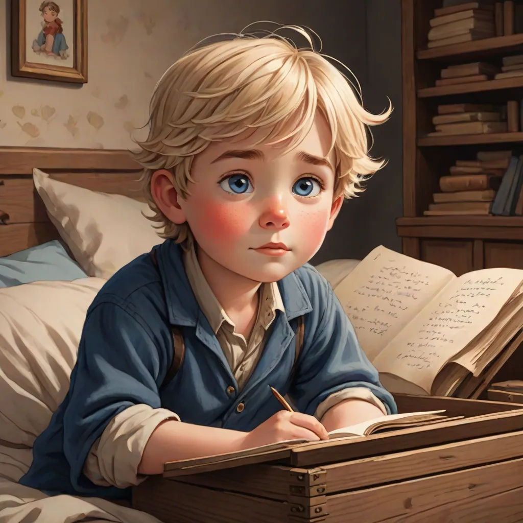 a painting of a boy sitting in a bed with a book and pen in his lap and a book open to his left, fantasy art, a storybook illustration, Aaron Jasinski, trending on art station