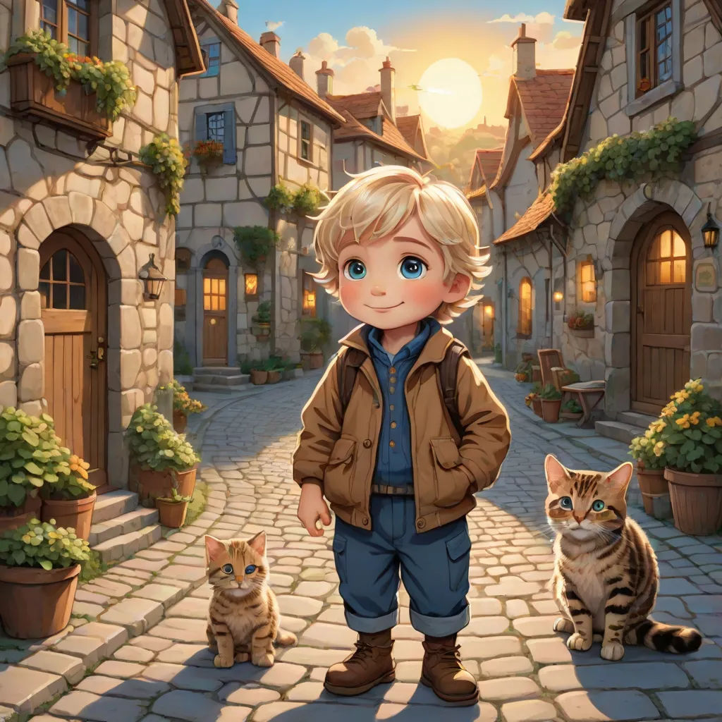 a boy standing next to a cat on a cobblestone road in front of a house with a cat sitting on the ground, fantasy art, a storybook illustration, Bob Byerley, kinkade