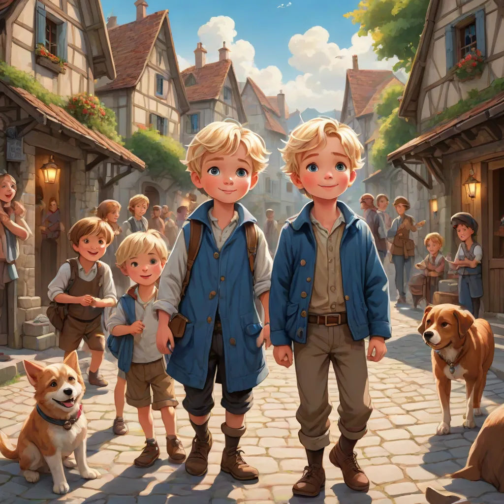 a painting of two boys and a dog standing in front of a village with a dog and a boy, fantasy art, a storybook illustration, Brothers Hildebrandt, kinkade