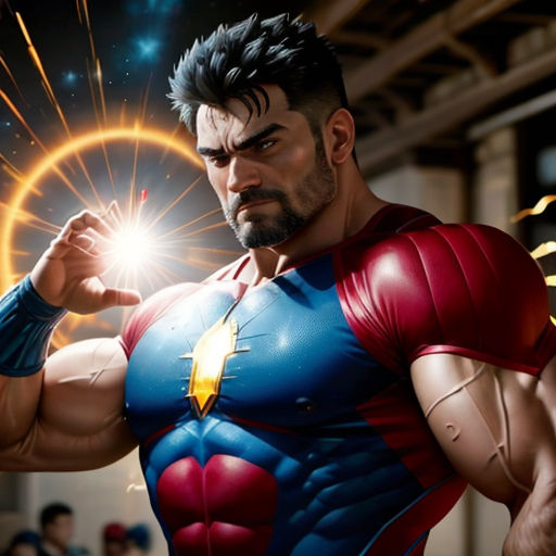 a man in a superman costume holding a sparkler in his hand and a ring around his neck, with a crowd in the background