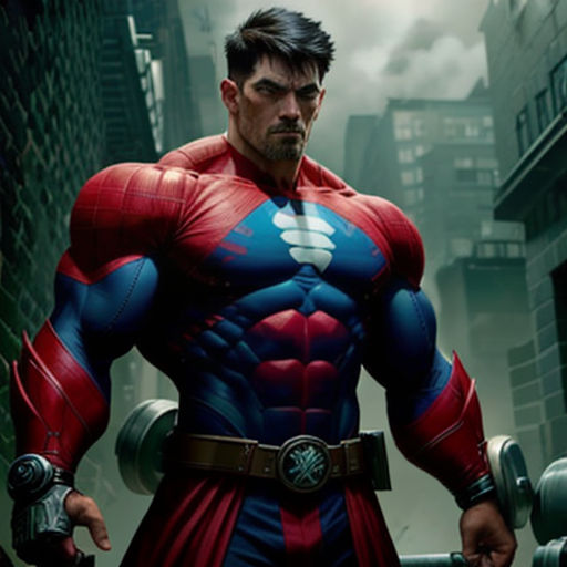 a man in a red and blue costume standing in a city street with a barbell in his hand