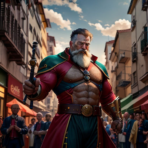 a man with a beard and a beard wearing a red and green outfit and holding a sword in a crowded street