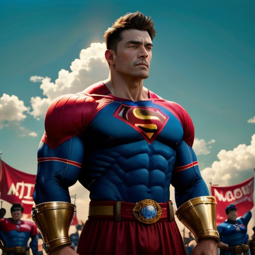 a man in a superman costume standing in front of a crowd of people with flags and banners in the background