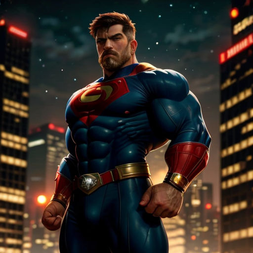 a man in a superman suit standing in front of a city at night with his hands on his hips