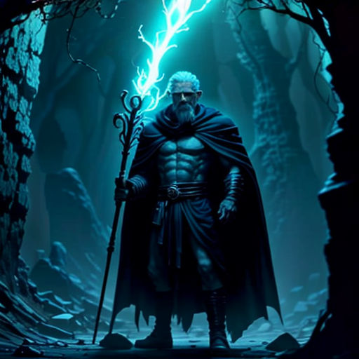 a man in a cloak holding a sword and a glowing light in his hand in a dark forest with trees