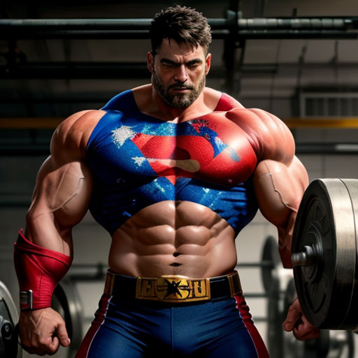 a man with a beard and a superman costume is holding a barbell in a gym room with a barbell rack