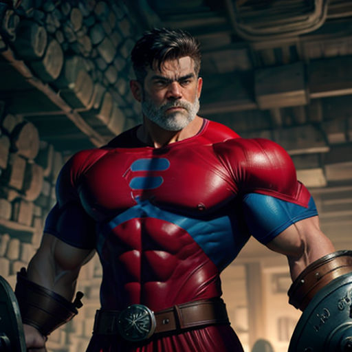 a man in a red and blue costume holding a sword and a shield in a room with a ceiling