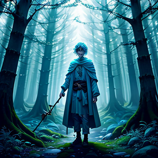 a man in a blue cloak standing in a forest with a staff and staff in his hand, holding a staff