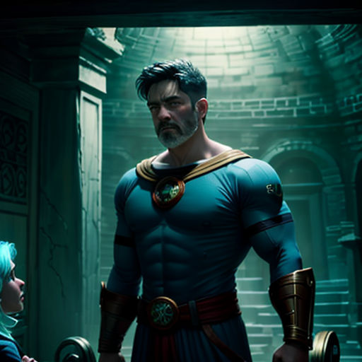 a man and a woman in a green room with a light on them, and a man in a blue costume